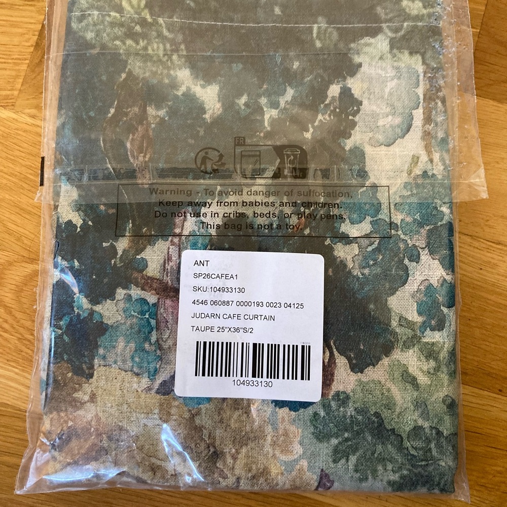 Judarn Printed Cotton Cafe Curtains, Set of 2 - 25" Wx36 L", Taupe/Blue Pattern - Picture 3 of 4